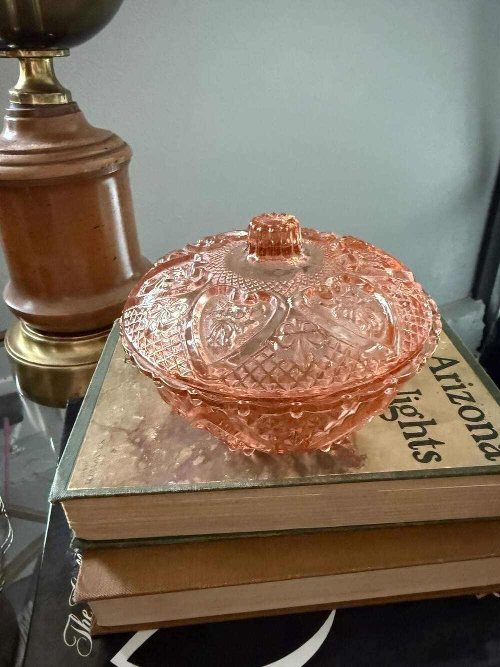 Vintage KIG Malaysia Pink Pressed Glass Lidded Candy Dish with Hearts and Flower